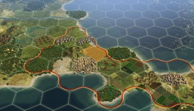 video game image fo a map of hexagon areas