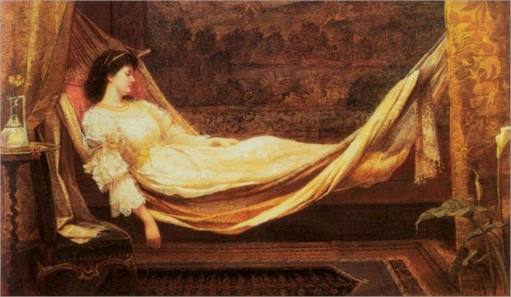 Painting of Victorian woman laying in hammock