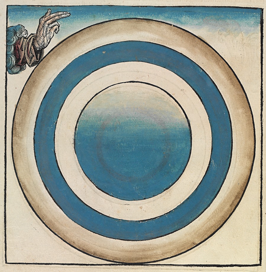 painting of a hand by blue and white circles