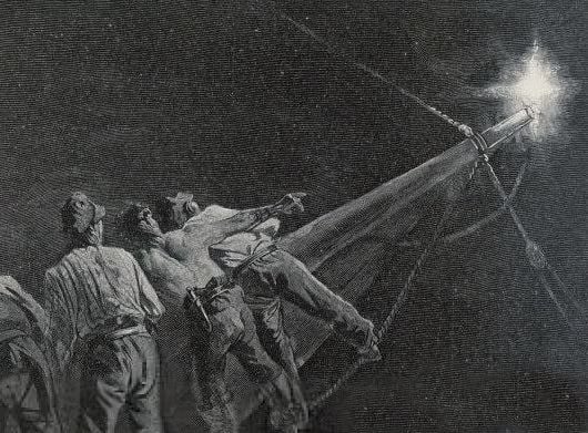 An illustration of four men on the mast of a ship pointing to a star.