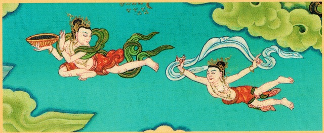 Illustration of two Tibetan Yogis flying.