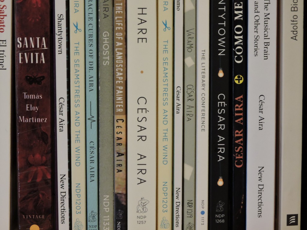 Novels by Cesar Aira on bookshelf