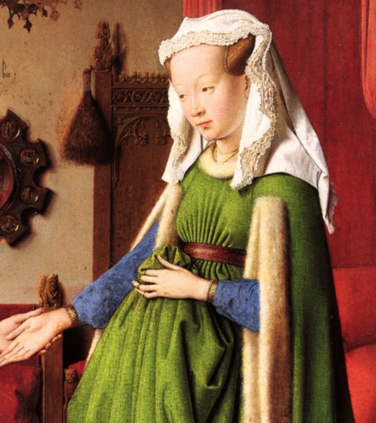 A wealthy pregnant woman painted by Jan van Eyck