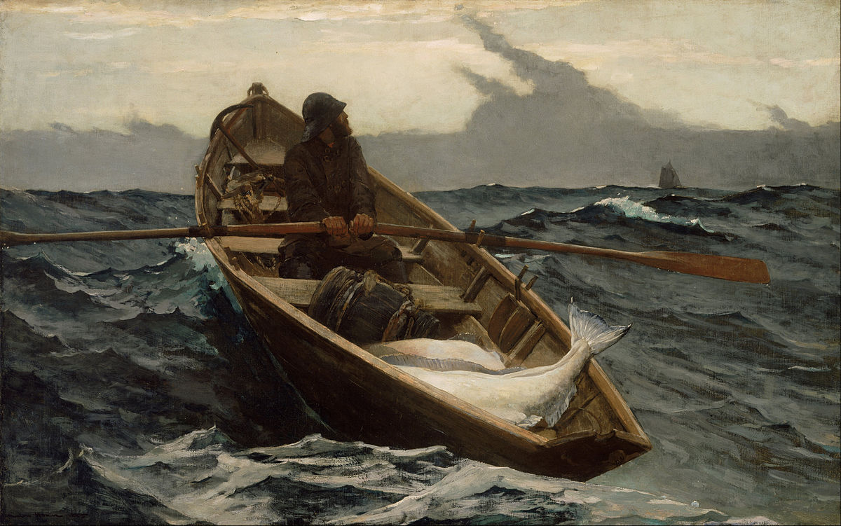 A sailor in a rowboat on the stormy sea