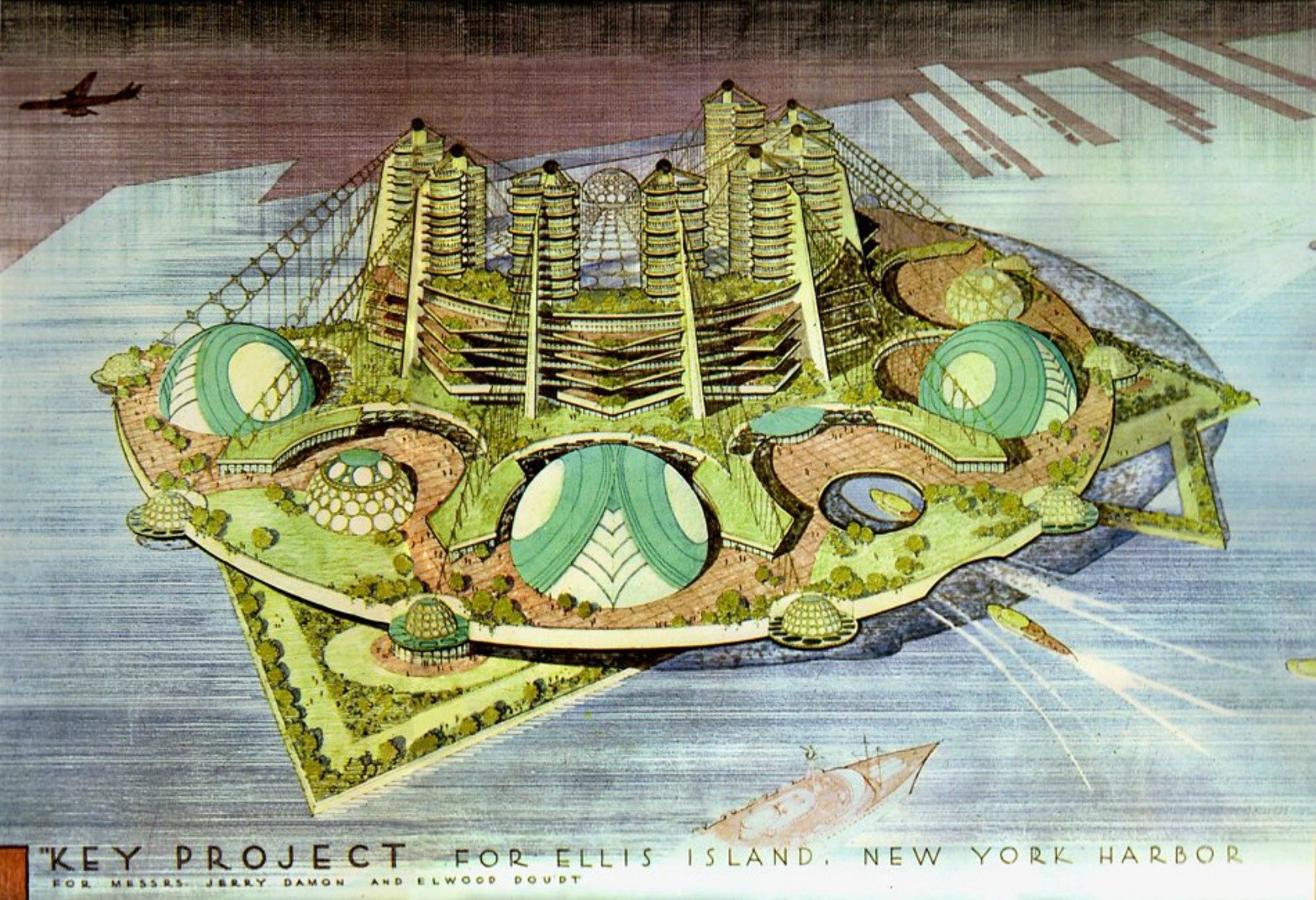 Sketch of future plan for Ellis Island by Frank Lloyd Wright