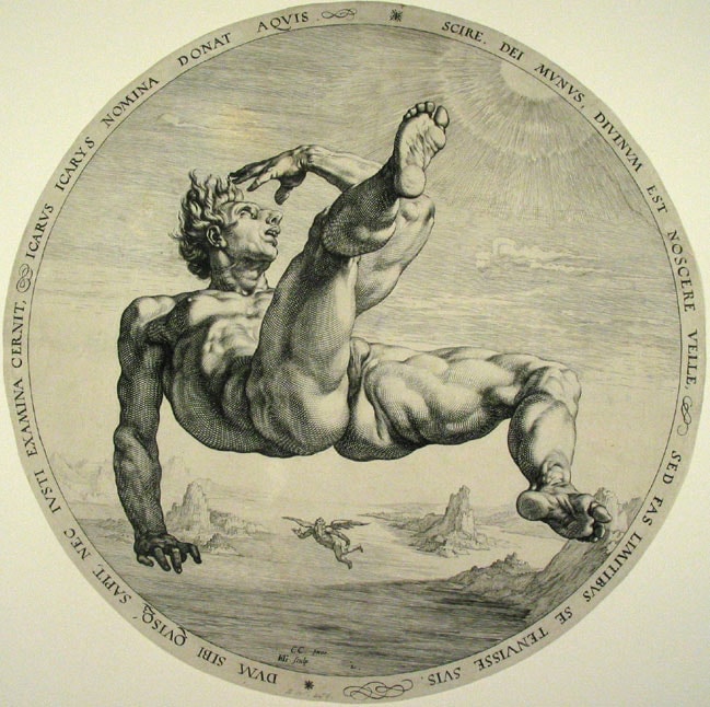 A naked man falling from the sky with a small angel floating below him