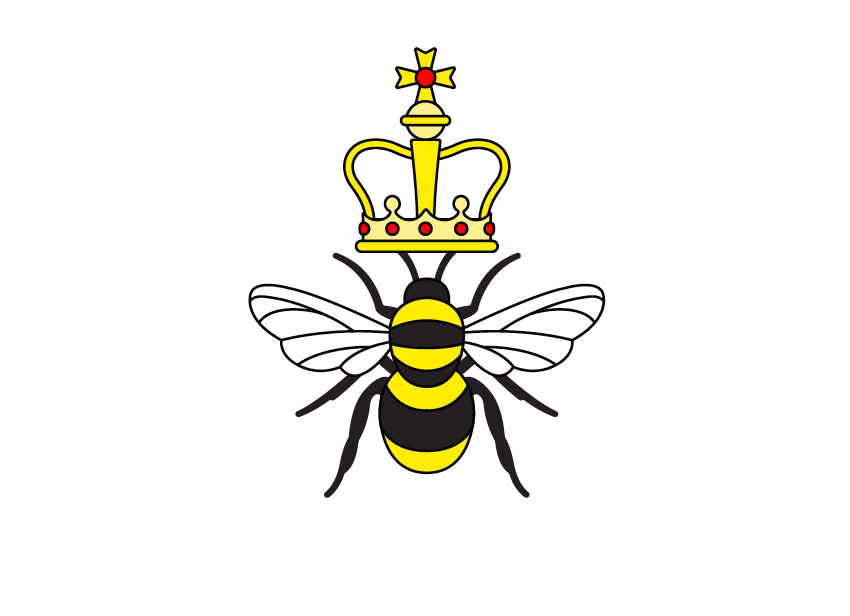 Illustration of a bumble bee and a crown crest on a white background.