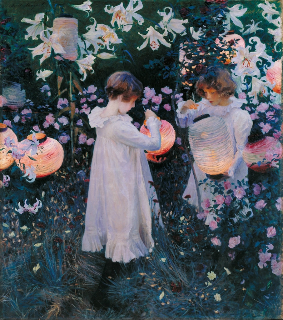 Painting of young girls in white dresses with paper lanterns in garden.