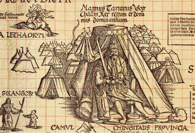 An illustration on a man with a sword in a tent from The Carta Marina