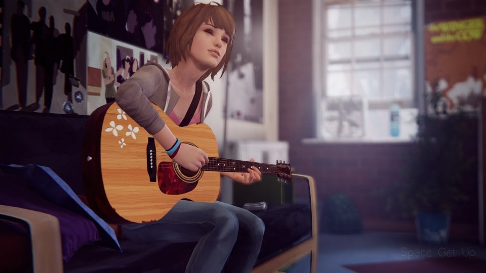 video game image of a girl playing a guitar