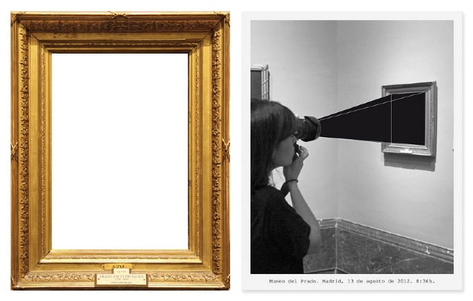 two images, one empty picture frame, one woman using a device to view a picture