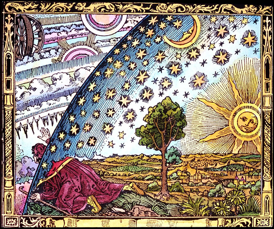 Medieval drawing of sun, moon, stars in sky over field with person in robe crawling on ground.