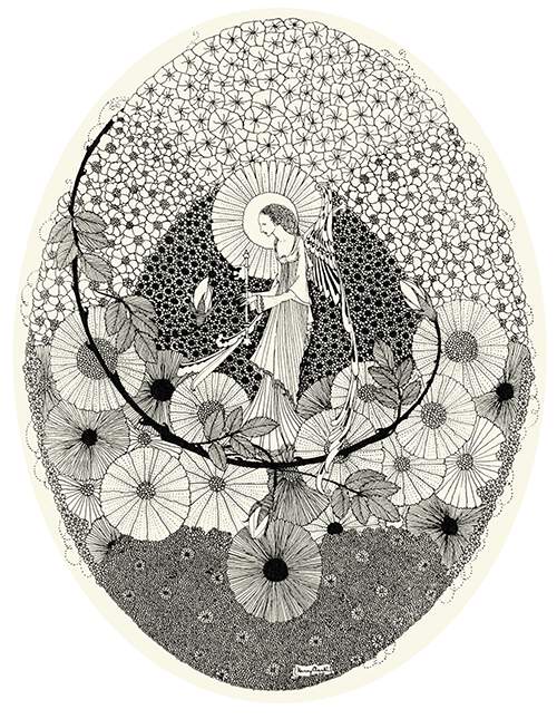 Sketch of angel surrounded by flowers