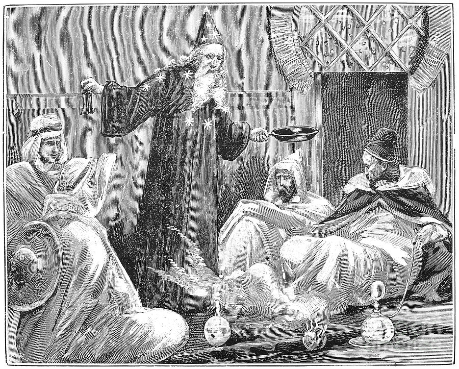 Illustration of magician standing over men in robes smoking hookah