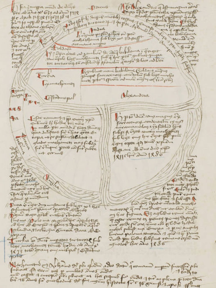 Medieval sketch of circular river with Latin writing.