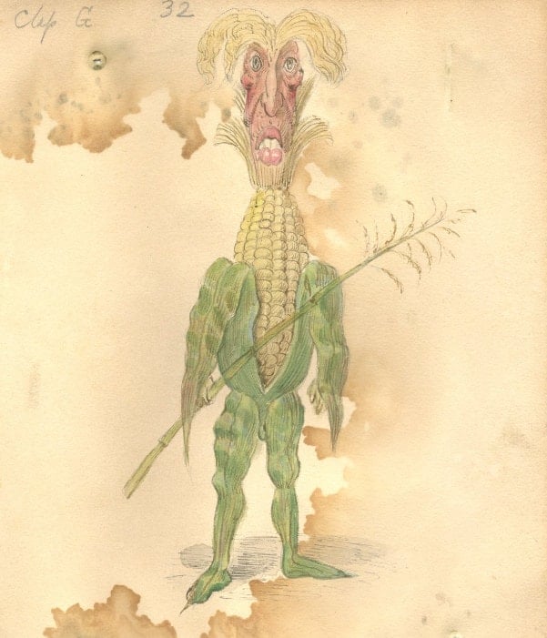 Corn costume designed by Charles Briton for the “Missing Links” theme, Mistick Krewe of Comus, 1873