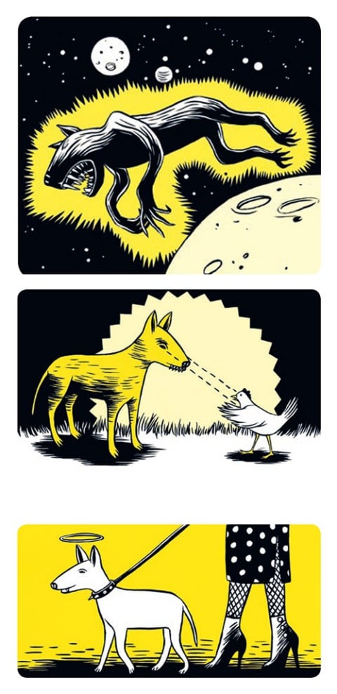 Three black and yellow illustrations of a mythical dog. 