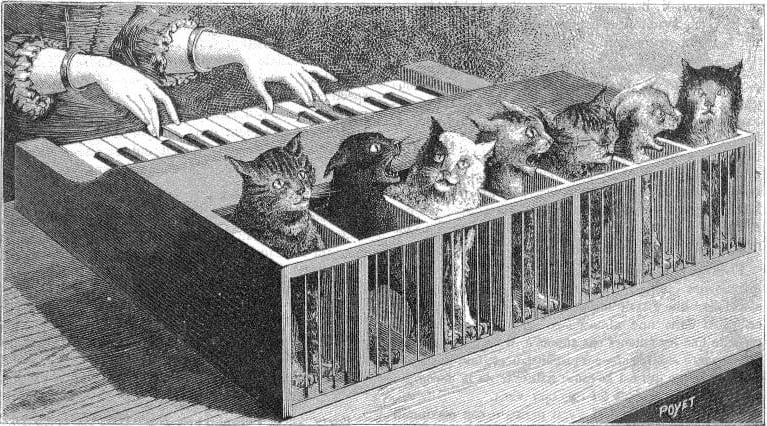 Illustration of piano with cats inside instead of strings.