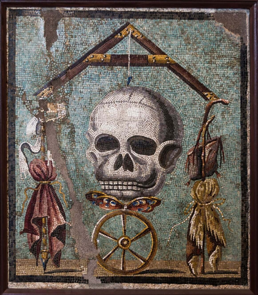 A mosaic of a skull 