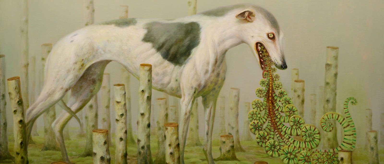 A painting of a dog with multiple green tongues 