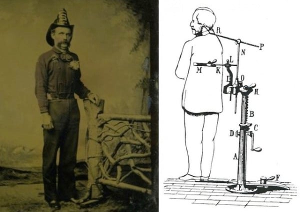 A corpse posed in a standing position, as well as a technical drawing of the apparatus used to make him stand. 