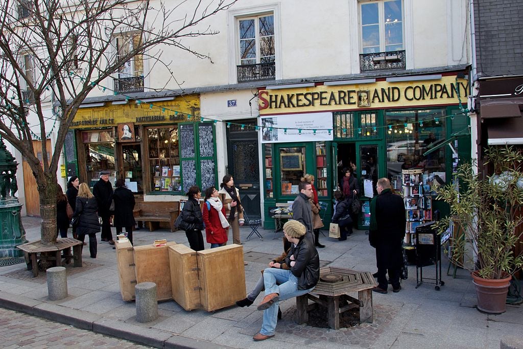 A group of people entering a bookstore