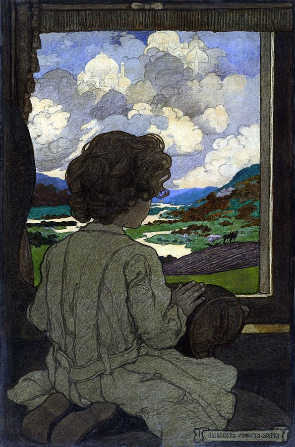 Illustration of a child staring out the window. 