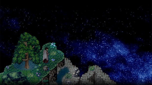 video game image of a clifftop and starry sky