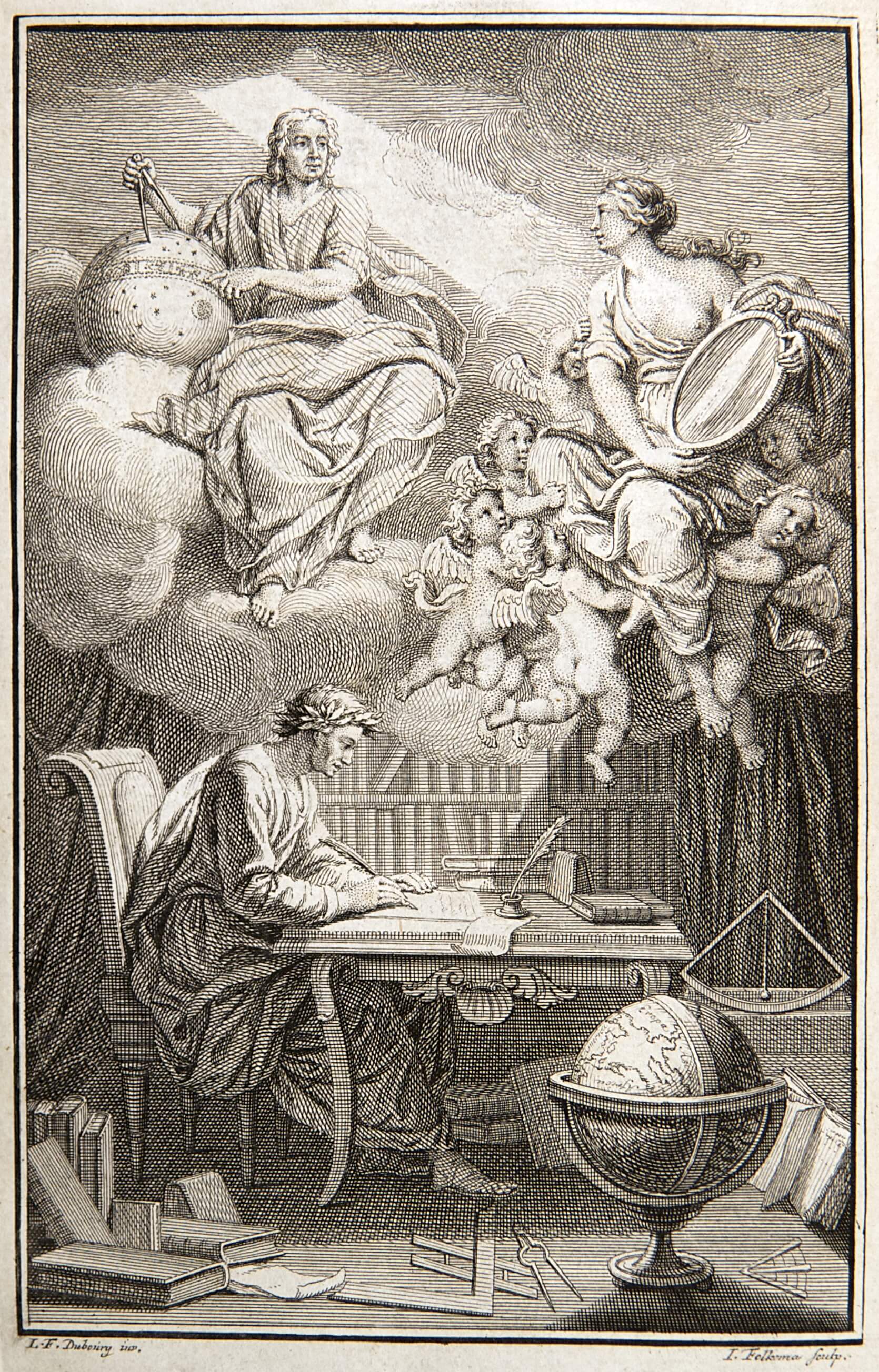 An illustration of Valtaire sitting at a desk writing, with angels above him