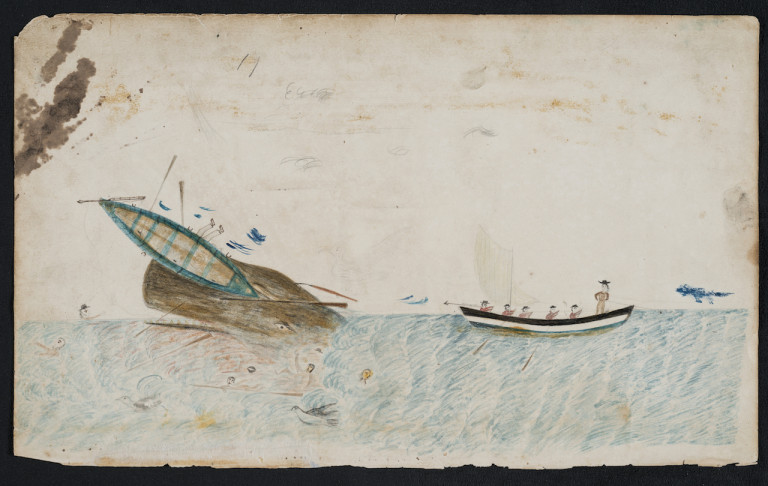 Sketch of whale breaking apart a wooden row boat.