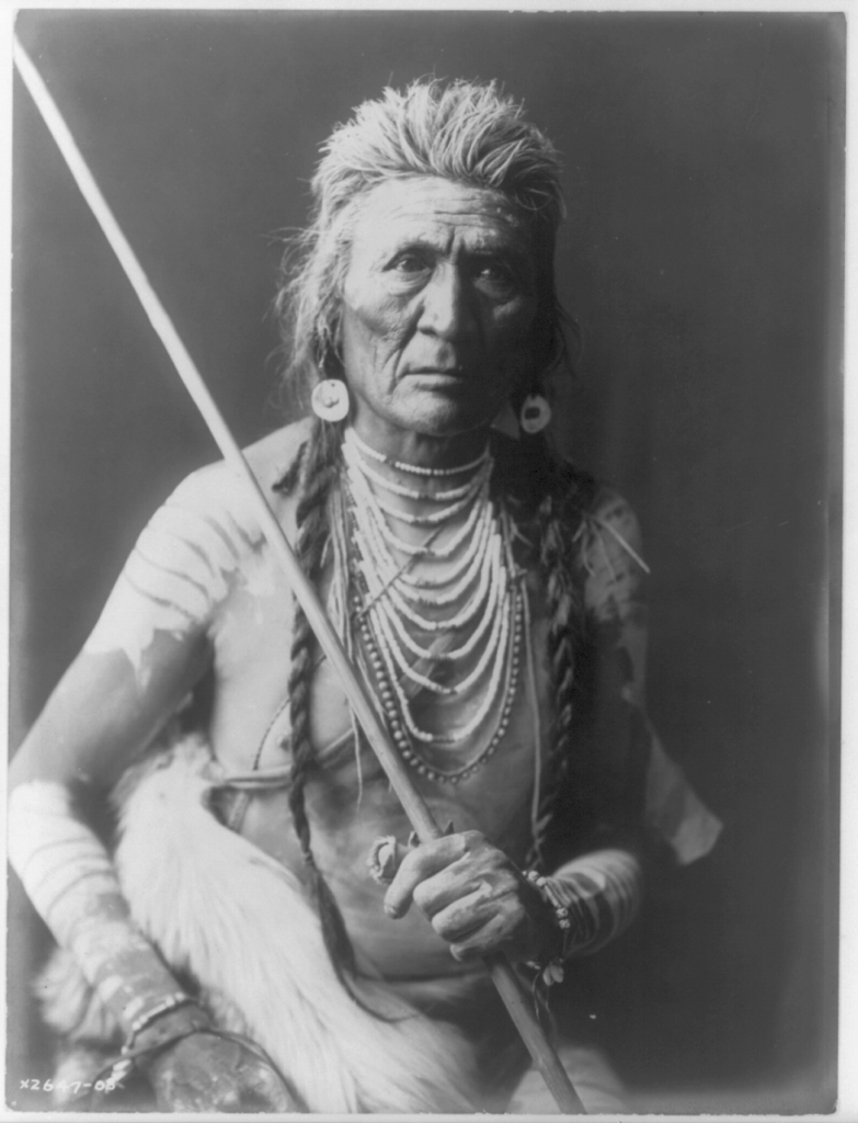 Native American chief with two long braids, a lot of necklaces, and a blanket covering his genitals holding a spear