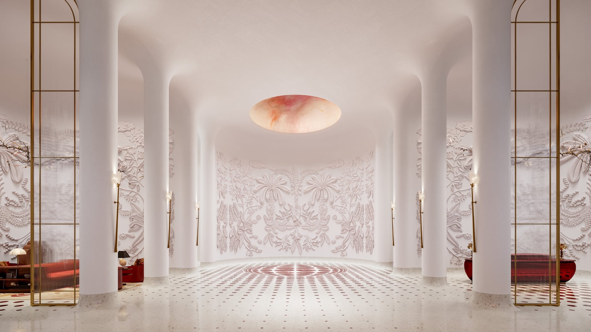 Grand cathedral-inspired hall at Faena Residences Miami featuring soaring white columns, intricate murals, and marble floors.