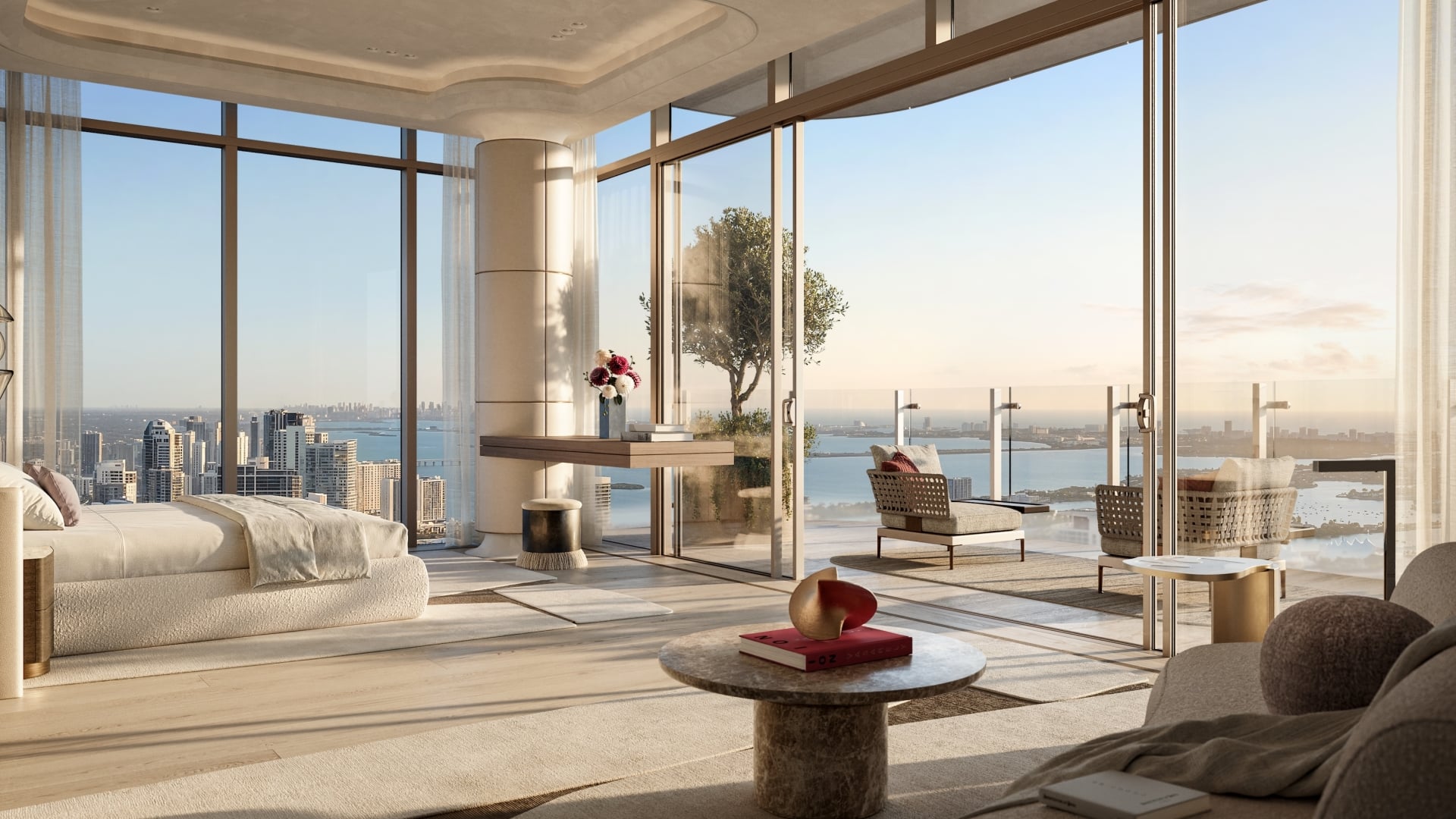 Elegant primary bedroom at Faena Residences Miami with floor-to-ceiling windows and panoramic waterfront views.