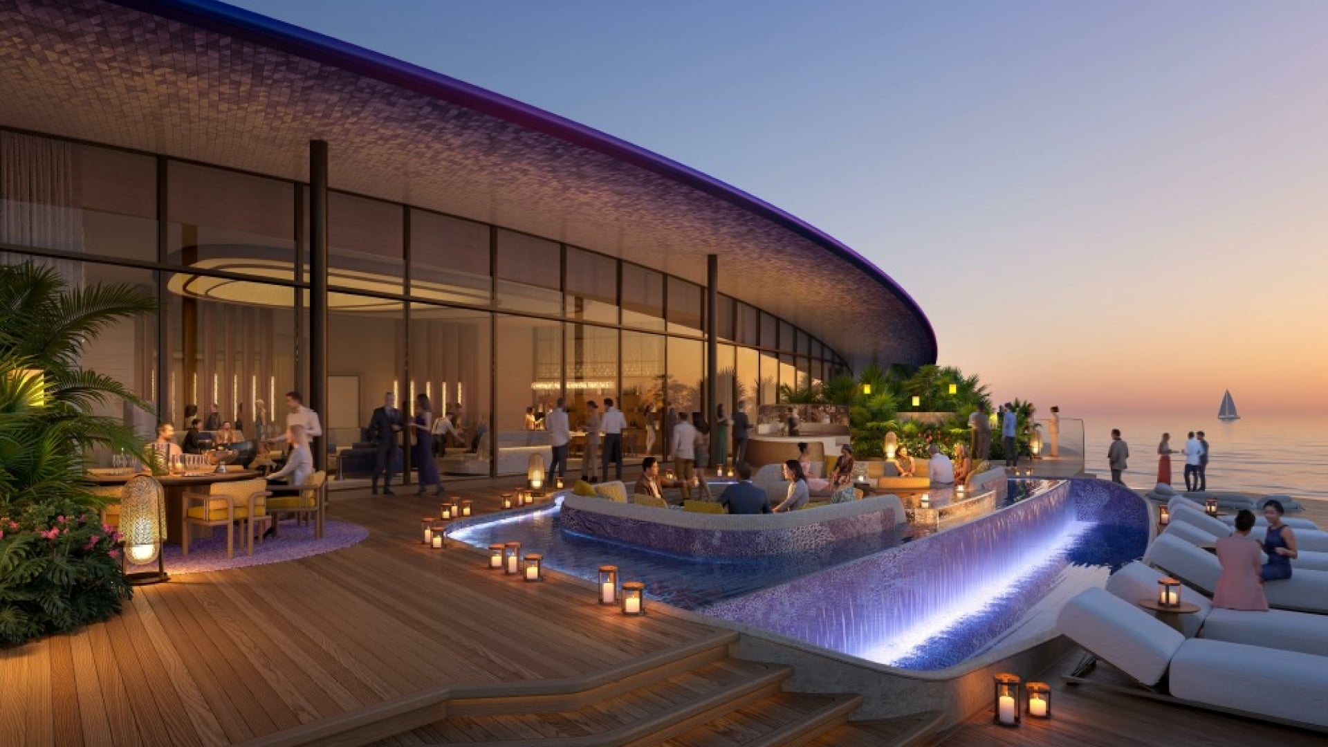 Deck overlooking private pool at sunset