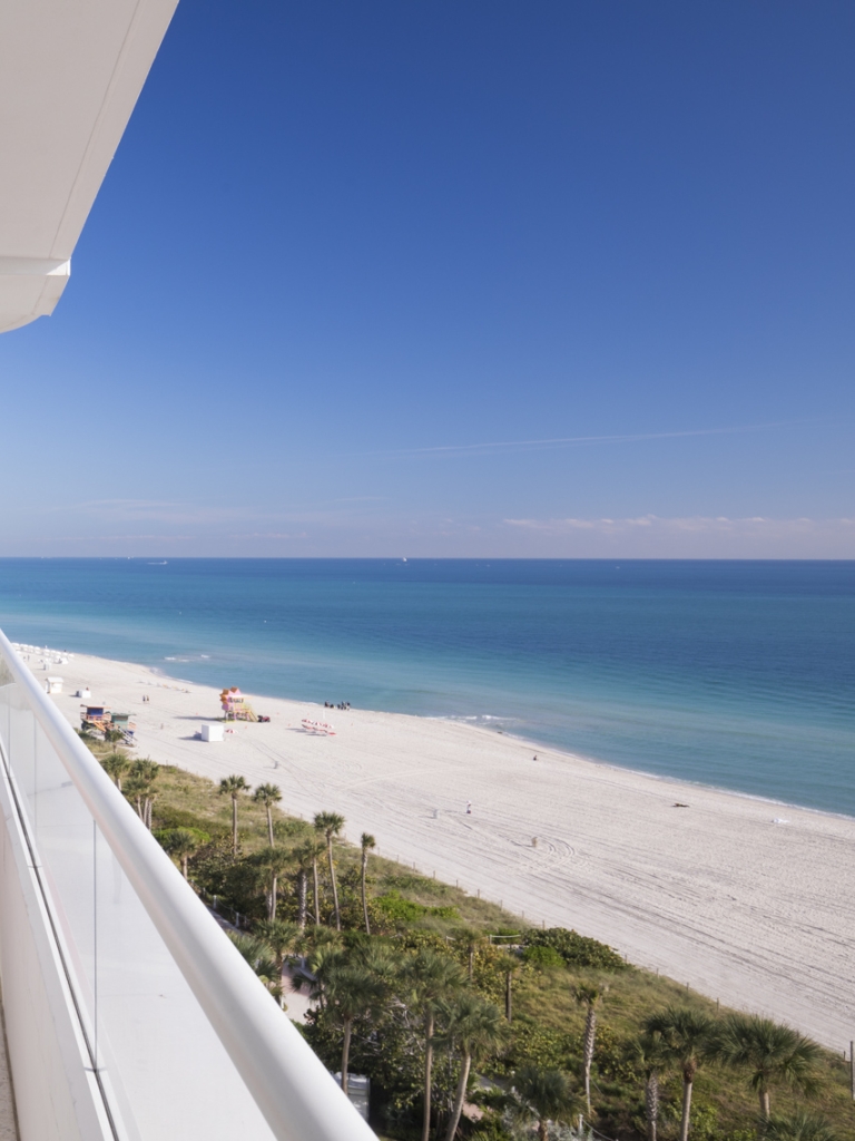 A beach view from a balcony with palm trees and a clear blue sky.