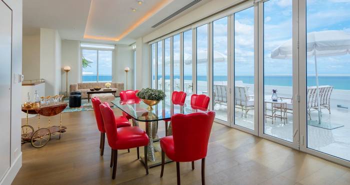 dining area in hotel penthouse with a wall of windows