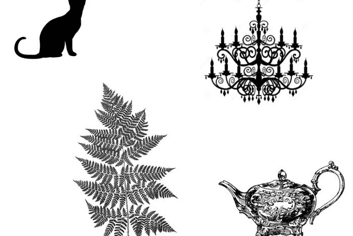 block silhouettes of a cat, fern, chandelier, mirror and tea pot 