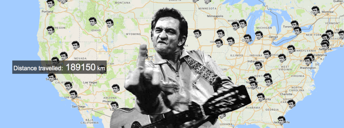 Johnny Cash with guitar in front of map of United States