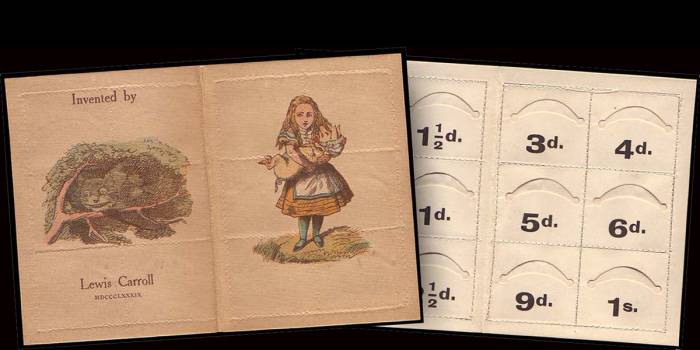 An open book of a vintage stamps with the Cheshire cat in a tree and Alice holding baby pig 