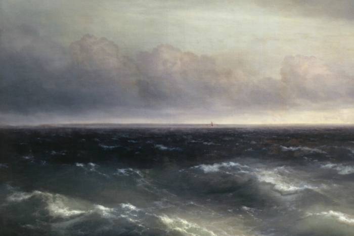A painting of a ship on the ocean in a storm