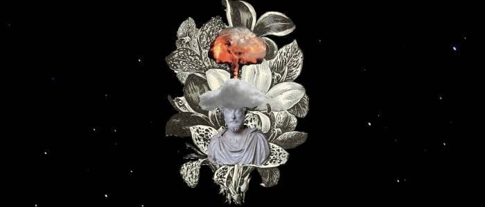 Stone bust with cloud, and mushroom cloud above, flower illustration in background