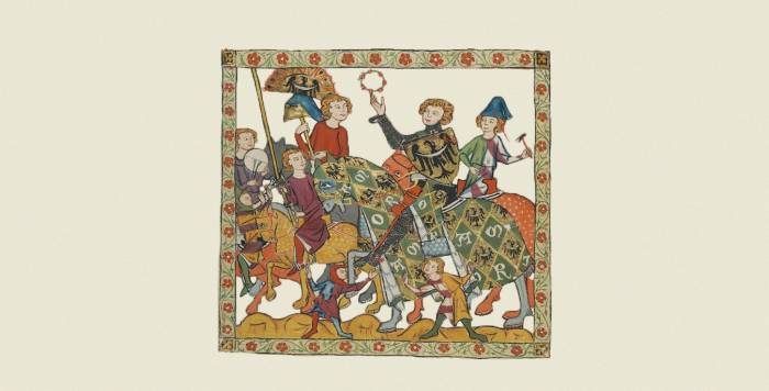 A tapestry showing medieval knights 