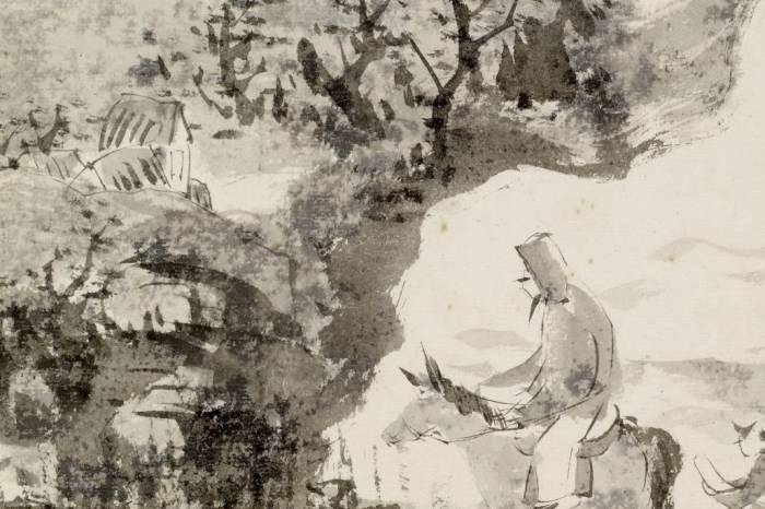 Japanese Ink painting of man on a donkey with fields in the background