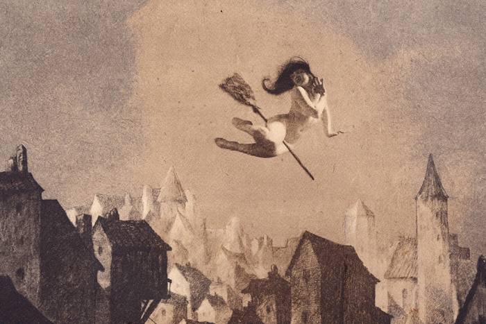 Image of a naked women flying a broomstick over a town
