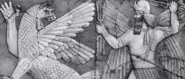 stone engraving of winged monster and Babylonian warrior