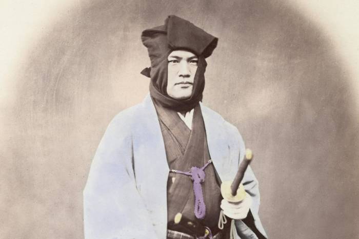 A hand-painted photograph of a samurai