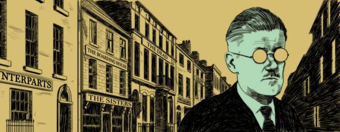 A cartoon drawing of a spectacled man on an old-fashioned street.