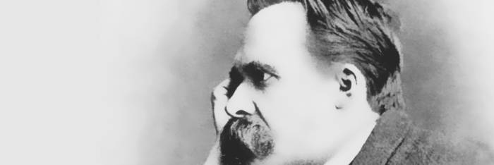 Black and white photograph of Nietzsche in profile.
