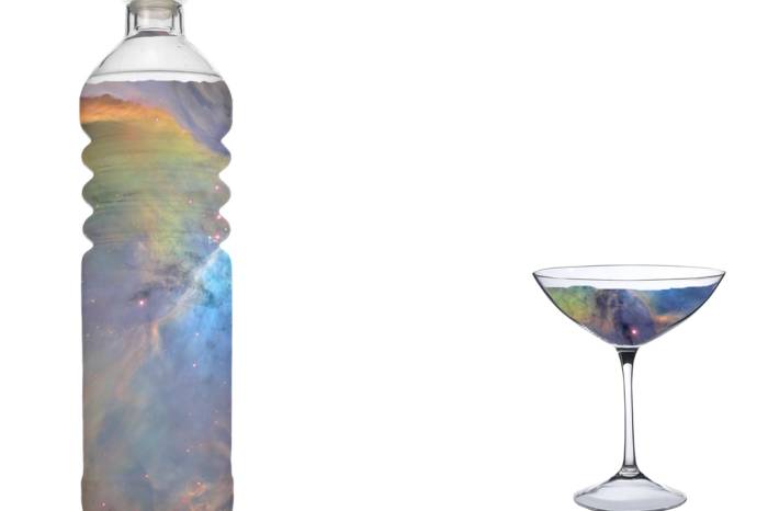 An illustration of a martini glass and a bottle filled with multi-coloured liquid.