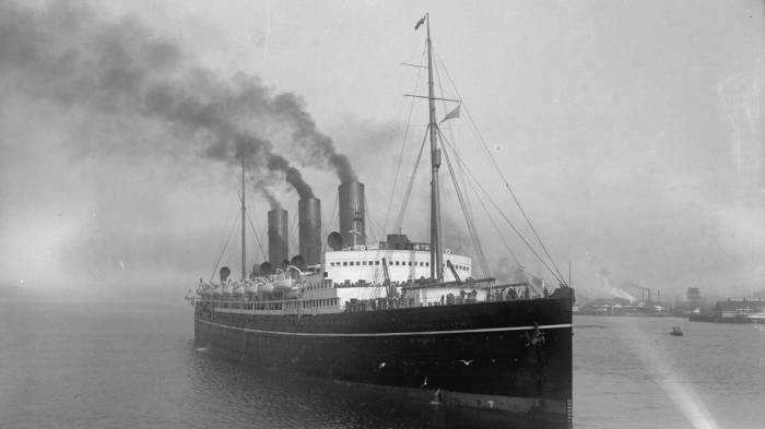 black and white photo of passenger steamship